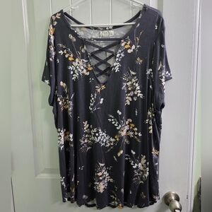 Maurices Charcoal Floral Top with Laced Chest